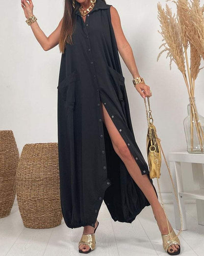 Two-Way Lapel Sleeveless Dress/Jumpsuit