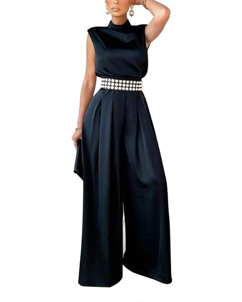 Solid Color High Neck Sleeveless Waistband Jumpsuit