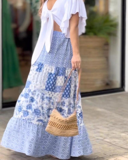 Lace-Up Top Folk-Print Long Dress Set