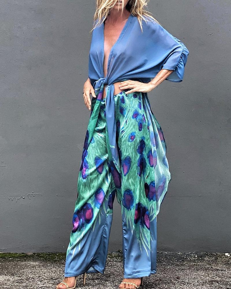 Peacock Print Casual Two Piece Suit