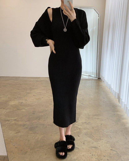 Temperament Round Neck Knitted Dress Two-Piece Set