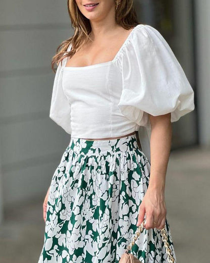 Square Neck Puff Sleeve Top & Floral Skirt Two Piece Set