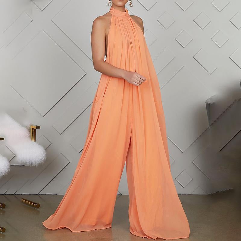 Fashion Casual Halter Pure Color Chiffon Halter Jumpsuit